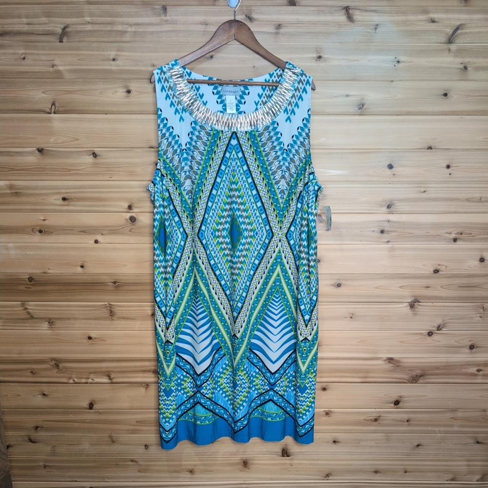 Catherines 3X Aqua Geometric Tribal Embellished Neck Sleeveless Dress 65289X